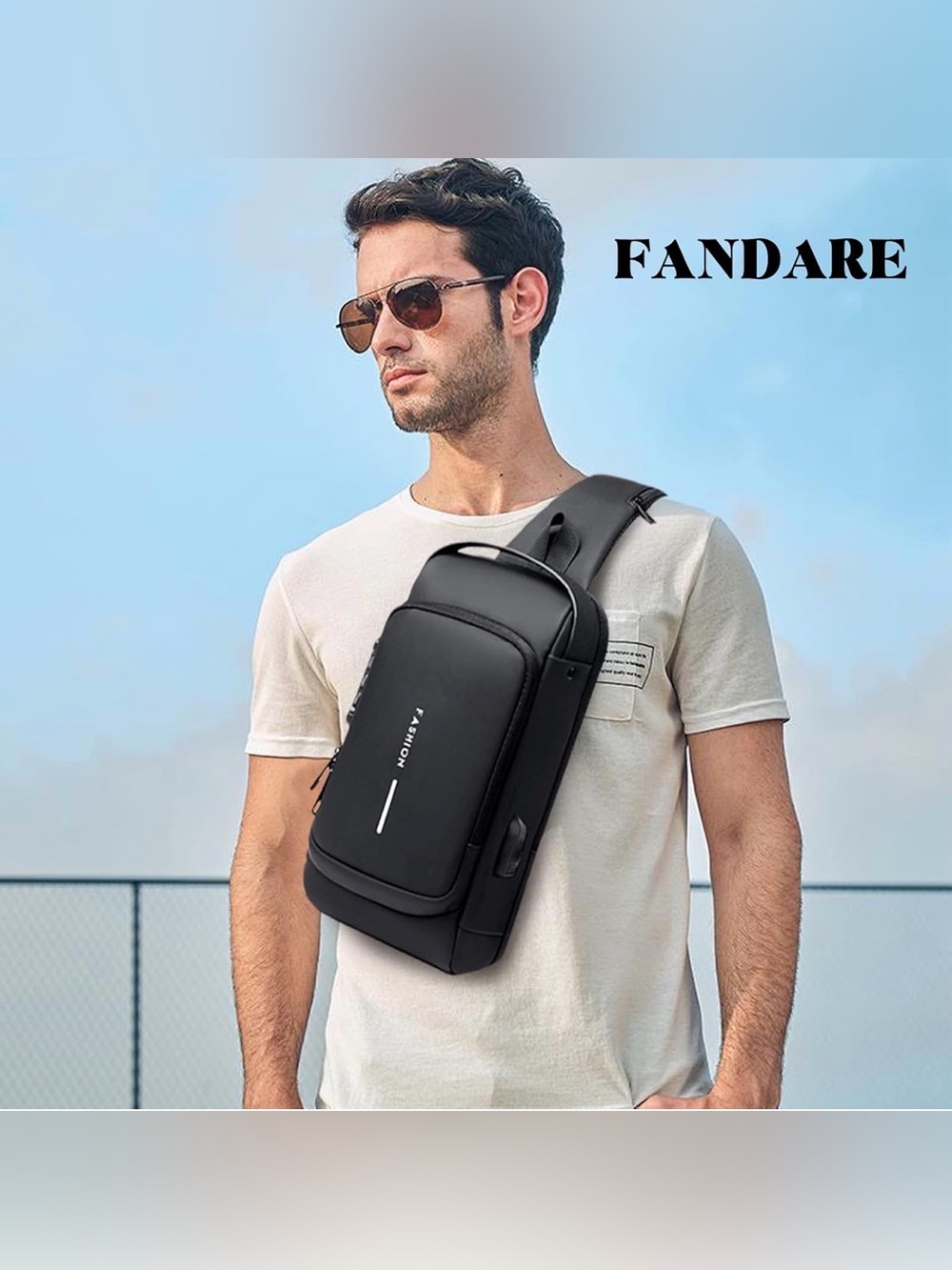 Black Menโs Sling Crossbody Bag with USB Charging Port